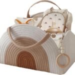 Diaper Caddy Organizer, Nursery Storage Basket with Handle Dividers, Sturdy Cotton Woven Rope Baby Caddy, Newborn Essentials, Baby Shower Gifts and Registry Must-Haves for Girl Boy (White Brown)