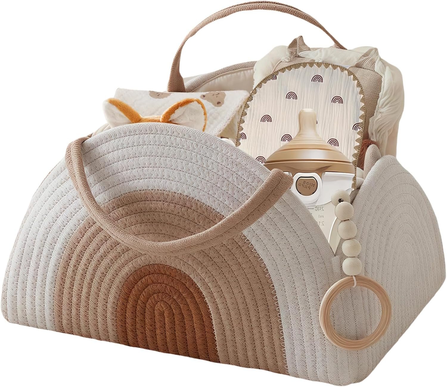 Diaper Caddy Organizer, Nursery Storage Basket with Handle Dividers, Sturdy Cotton Woven Rope Baby Caddy, Newborn Essentials, Baby Shower Gifts and Registry Must-Haves for Girl Boy (White Brown)