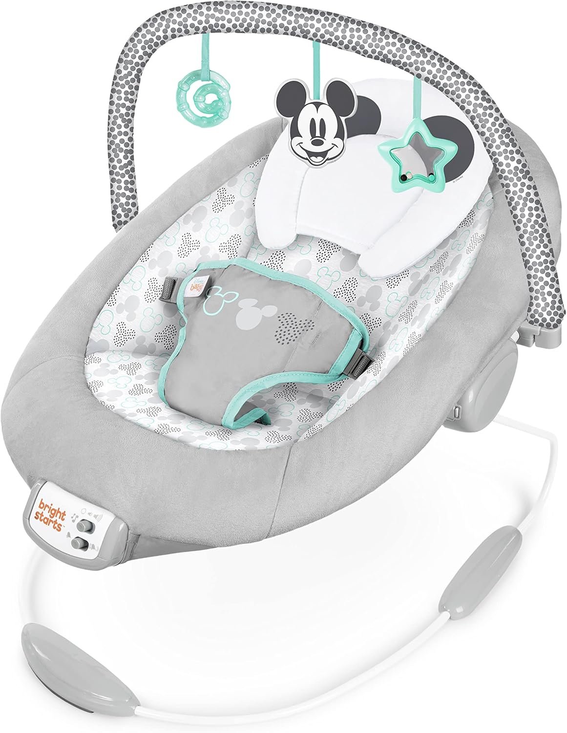 MICKEY MOUSE Comfy Disney Baby Bouncer in Cloudscapes Includes Toy Bar with 3 Cute Toys, Plays 7 Soothing Melodies w/Auto Shut-Off, Age 0-6 Months