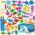 Kiditos Magnetic Fishing Toys Game Set 46PCS with 4 Bathtub Tub Toys, Water Table Fish, Swimming Pool Toy, Ocean Sea Animals, Fishing Pole Rod Net, Party Carnival Games for Toddler Kids Age 3+