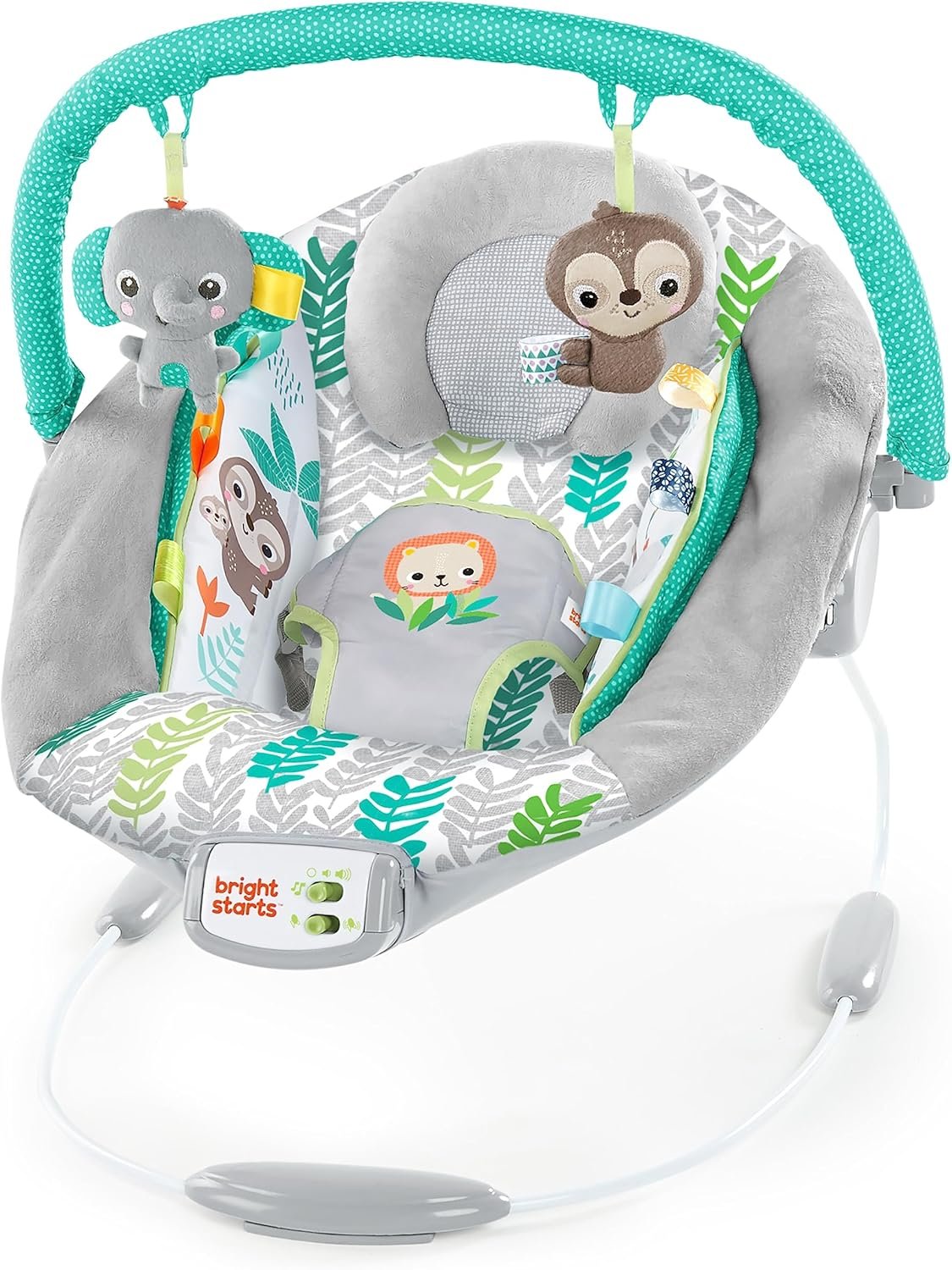 Bright Starts Comfy Baby Bouncer Soothing Vibrations Infant Seat - Taggies, Music, Removable Toy-Bar, 0-6 Months Up to 20 lbs (Jungle Vines)