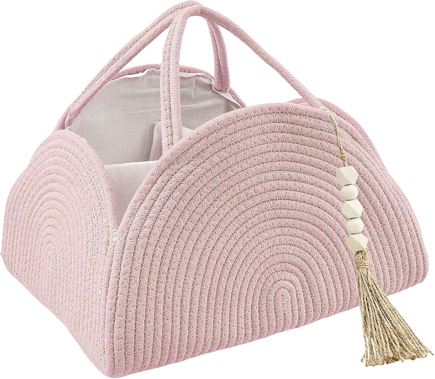 Arc Design Woven Diaper Caddy Basket with Handle for Baby | Lid Diaper Caddy Basket with Dividers for Baby Boy/Girl, Diaper Tote Bag for Bady Storage for Car | Baby Nursery Canvas Caddy (Pink)