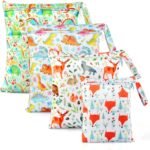 Ballery 4 Pack Wet Dry Bags Waterproof Reusable Wet Laundry Bag Baby Cloth Diaper Bag Organiser Pouches Nappy Wet Bag Washable Wet Clothes Bag for Gym Swimming Travel Workout Beach Pool (Animal)
