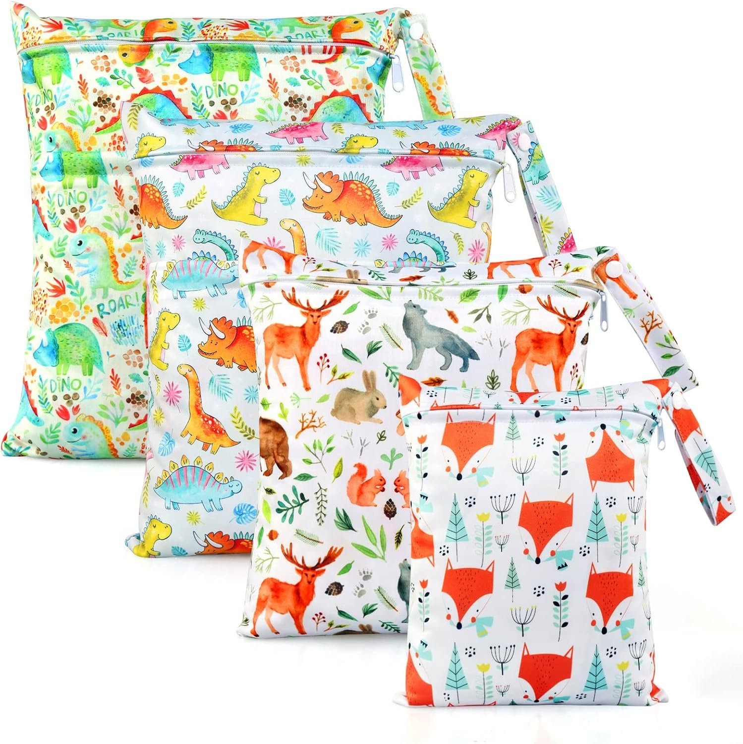 Ballery 4 Pack Wet Dry Bags Waterproof Reusable Wet Laundry Bag Baby Cloth Diaper Bag Organiser Pouches Nappy Wet Bag Washable Wet Clothes Bag for Gym Swimming Travel Workout Beach Pool (Animal)