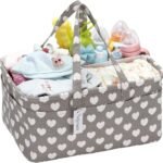 Hinwo Baby Diaper Caddy 3-Compartment Infant Nursery Tote Storage Bin Portable Car Organizer Newborn Shower Gift Basket with Detachable Divider and 10 Invisible Pockets for Diapers，Grey Heart