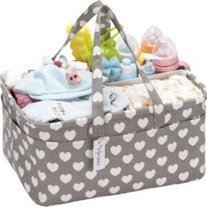 Hinwo Baby Diaper Caddy 3-Compartment Infant Nursery Tote Storage Bin Portable Car Organizer Newborn Shower Gift Basket with Detachable Divider and 10 Invisible Pockets for Diapers，Grey Heart