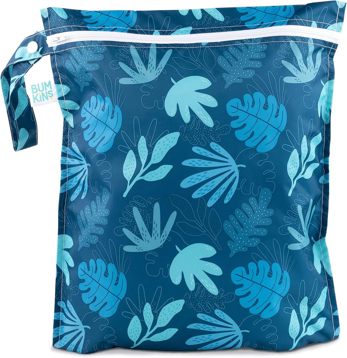 Bumkins Waterproof Wet Bag for Baby, Travel, Swim Suit, Cloth Diapers, Pump Parts, Pool, Gym Clothes, Toiletry, Hook to Stroller, Daycare, Zipper Reusable Bag, Wetdry Packing Pouch, Blue Tropic