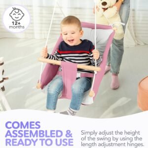 CaTeam Kids Swing - Durable Wooden Hanging Seat with Safety Belt, Pink - Image 6