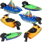 TOYANDONA 6Pcs Boat Bath Toys, Wind Up Plastic Boats Floating Bathtub Toys for Kids (Random Color)