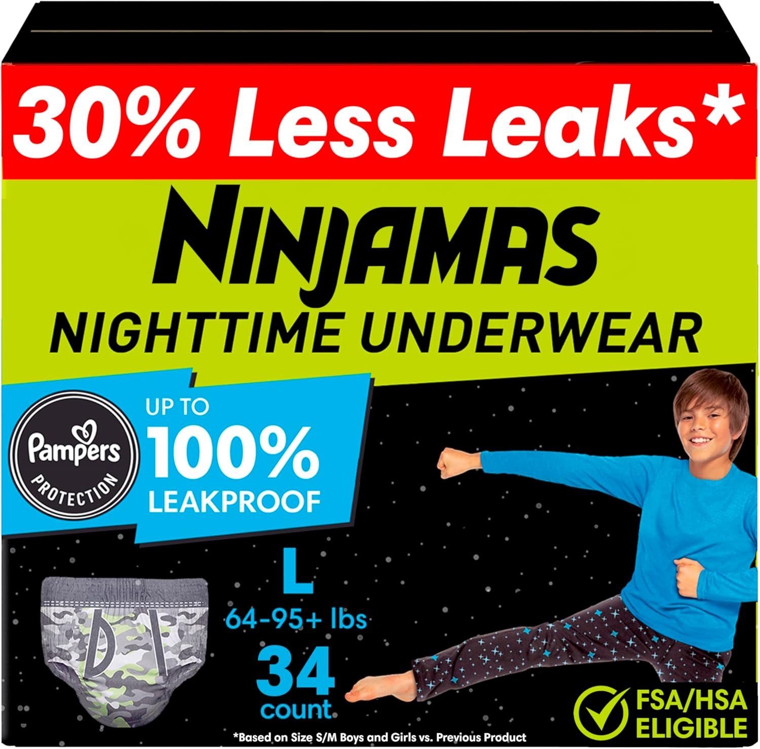 Ninjamas Pampers Nighttime Bedwetting Underwear Boys Size L (64-125 lbs) 34 Count (Packaging & Prints May Vary)