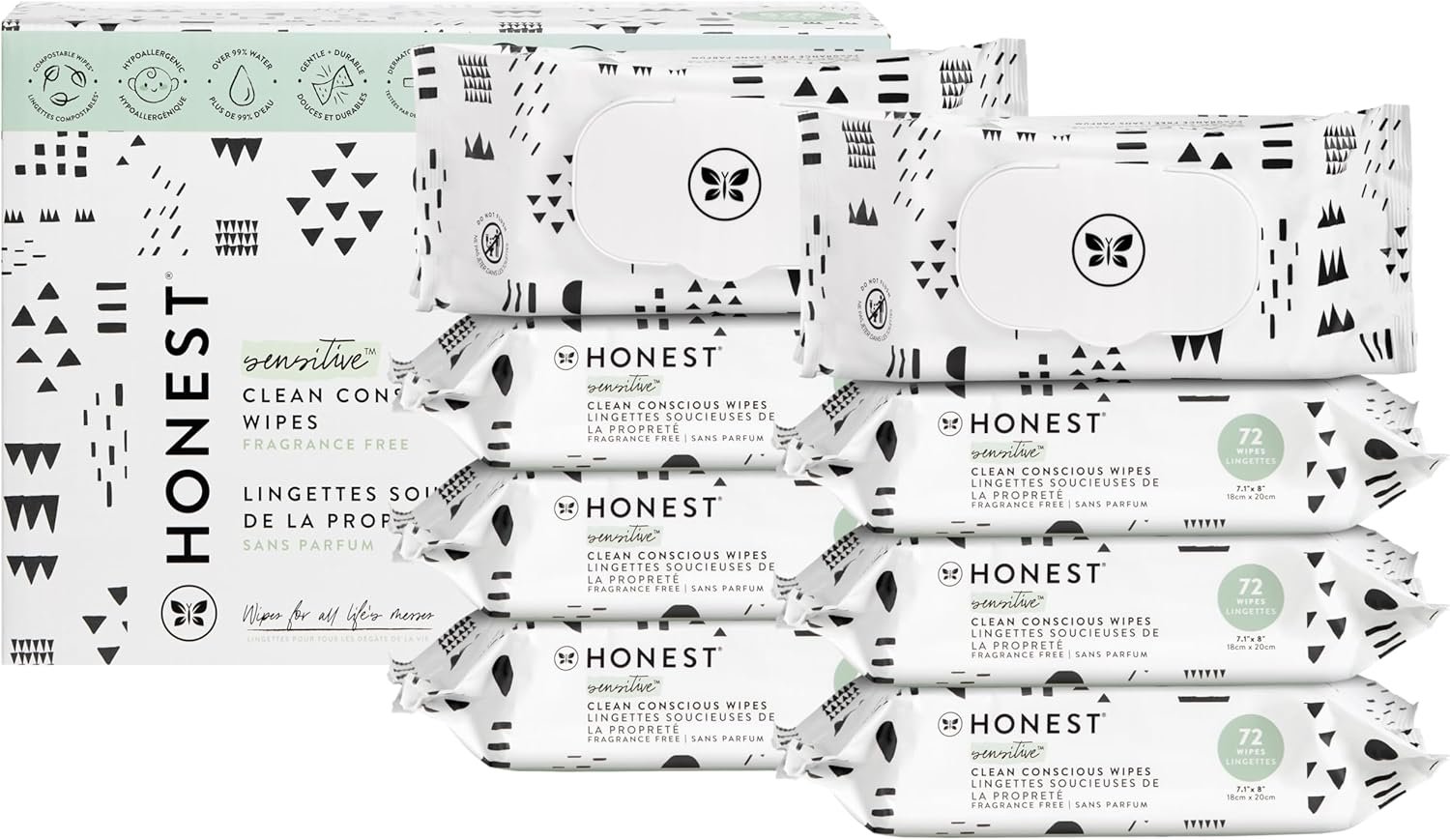 The Honest Company Clean Conscious Unscented Wipes | Over 99% Water, Compostable, Plant-Based, Baby Wipes | Hypoallergenic for Sensitive Skin, EWG Verified | Pattern Play, 576 Count