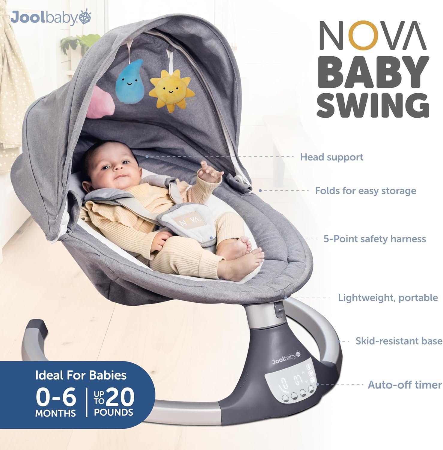 Jool Baby Nova Swing for Newborns - Electric Motorized Infant Swing, Bluetooth Music, 10 Preset Melodies, Remote (Updated Model, Gray)