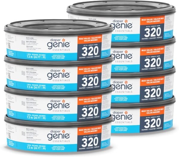 Diaper Genie Essentials Round Refill 8-Pack | Holds Up to 2560 Newborn Diapers | Features Unscented Continuous Film | Compatible with Diaper Genie Complete and Expressions Pails