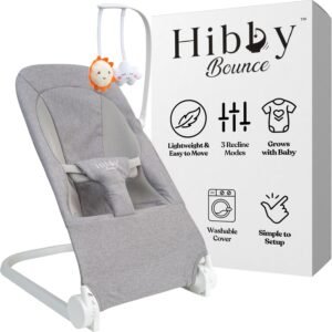 Hibby Bounce Baby Bouncer | Canadian Brand | 3-Position Adjustable Recline, Portable with Waterproof Carrying Bag, Newborn Insert & Safety Strap, Includes Toy Bar | Gray
