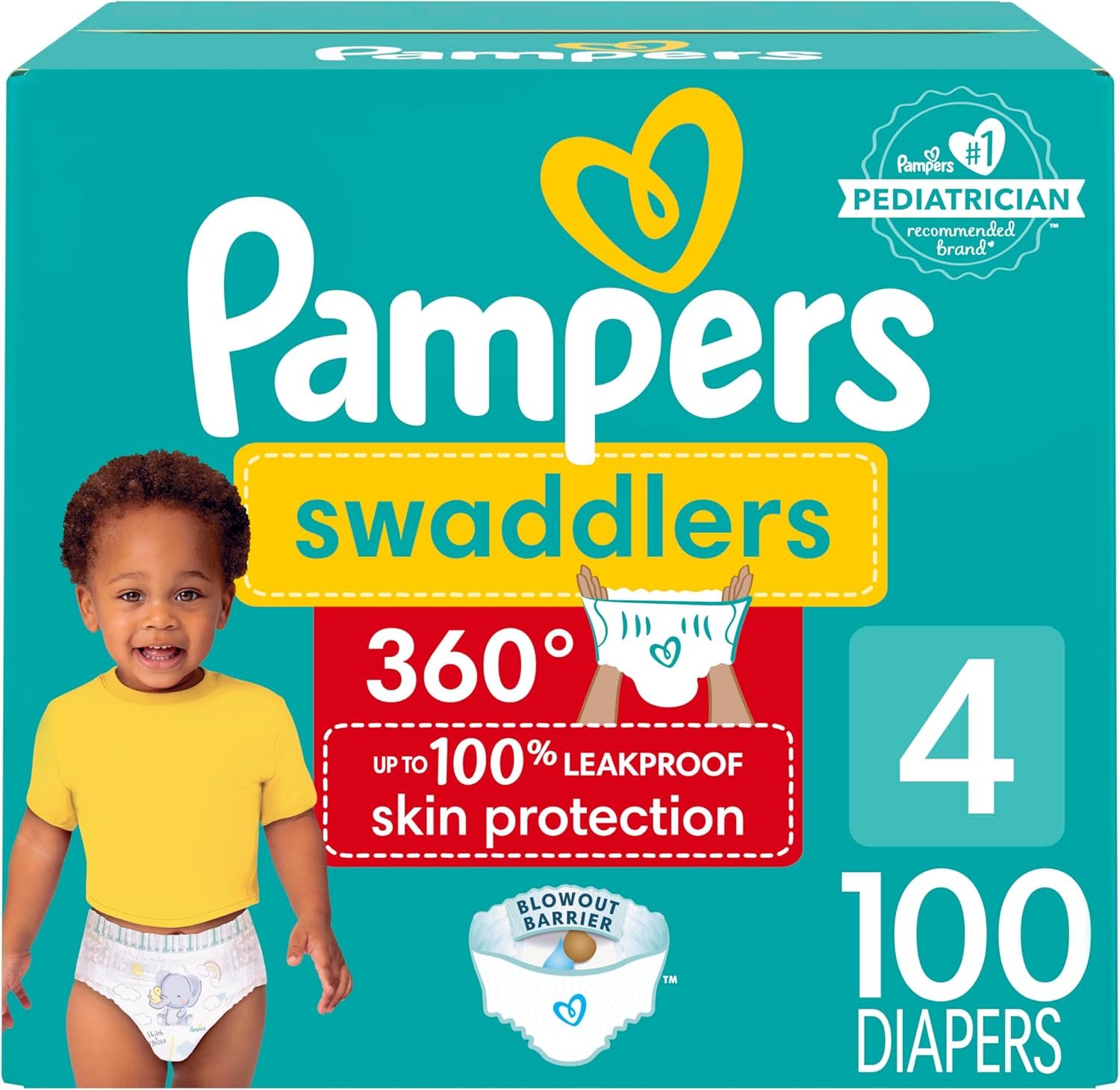 Pampers Swaddlers 360 Pull-On Diapers, Size 4, 100 Count for up to 100% Leakproof Skin Protection and Easy Changes