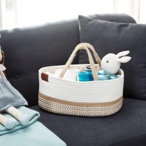 XL Cotton Diaper Caddy Organizer for Newborn Essentials - Beige & White - Image 9