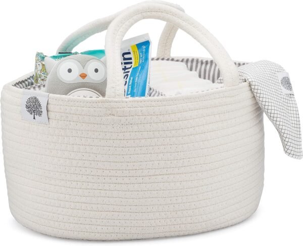 Parker Baby Rope Diaper Caddy - Nursery Storage Bin and Car Organizer | Neutral Modern Design | Multi-Purpose Modern Rope Basket for Baby Travel Essentials | Bag Organizer | Toy Bin Caddy - White