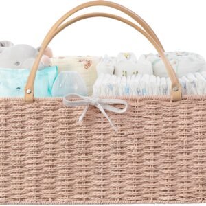 HBlife Large Baby Diaper Caddy Organizer Pink, Paper Rope Storage Baskets Nursery Bin with Removable Divider, Portable Car Organizer for Diapers, Baby Shower Gifts, Newborn Essentials Must Haves