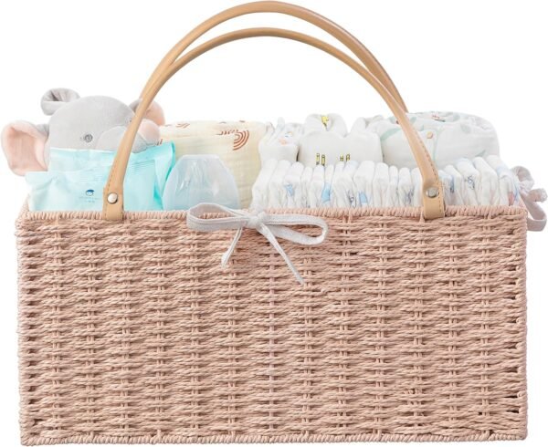 HBlife Large Baby Diaper Caddy Organizer Pink, Paper Rope Storage Baskets Nursery Bin with Removable Divider, Portable Car Organizer for Diapers, Baby Shower Gifts, Newborn Essentials Must Haves