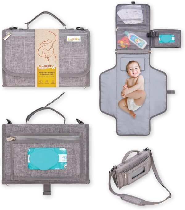 Boomerang Portable Diaper Changing Pad - Bonus Shoulder Strap - Ample Storage - Waterproof - Enhanced 1’’ Head Cushion for Baby’s Comfort - Baby Shower Gifts