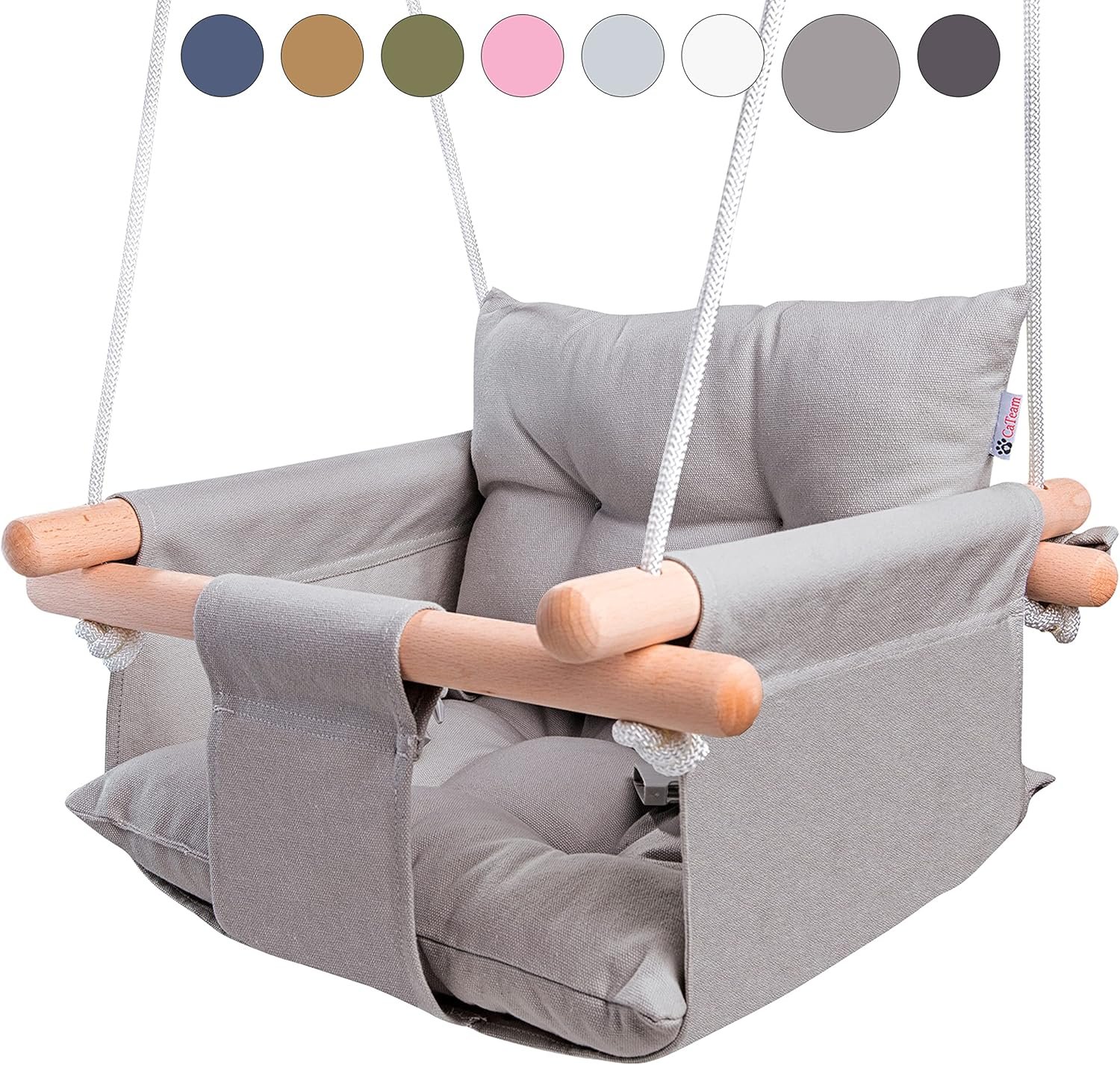 CaTeam - Canvas Baby Swing, Wooden Hanging Swing Seat Chair with Safety Belt, Durable Baby Swing Chair, Outdoor and Indoor Swing for Kids, Mounting Hardware Included, Taupe Gray