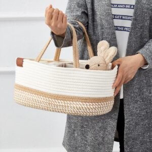 XL Cotton Diaper Caddy Organizer for Newborn Essentials - Beige & White - Image 6