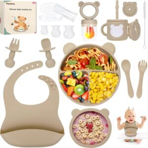 PERRYHOME 17Pcs Silicone Baby Feeding Set,Baby Led Weaning Feeding Supplies for Toddlers, Kids Suction Silicone Plates and Bowls Set for Baby Gift (Beige)