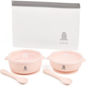 Babify Travel Baby Feeding Set with Storage Bag. Set Includes 2 Size- BPA Free Silicone Suction Bowls, Spoon, Storage Bag for Babies, Toddlers, Kids, Waterproof, Spill Resistant Tableware(Baby Pink)