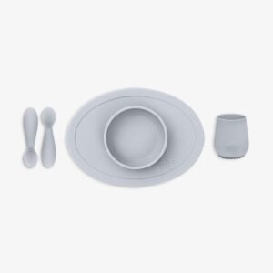 ezpz First Foods Set for Babies – Suctioning Bowl, Cup, & Spoons for Self-Feeding & Fine Motor Skills Development – 100% Food Grade Silicone, Dishwasher Safe – Perfect for 4 Months Plus (Pewter)