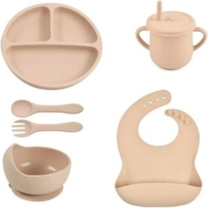 Silicone Baby Feeding Set – Baby Led Weaning Supplies for 6+ Months, Suction Plate & Bowl, Bib, Spoon, Fork and Sippy Cup – BPA Free, Phalate Free, Microwave & Dishwasher Safe, Toddler Feeding (Sand)