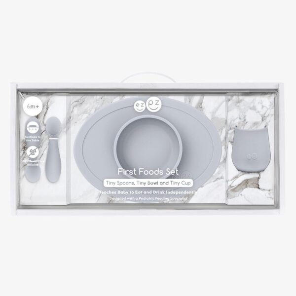 ezpz First Foods Set for Babies - Silicone Suction Bowl, Cup & Spoons - Dishwasher Safe (Pewter) 1 51RqDi7ka7L. AC SL1100