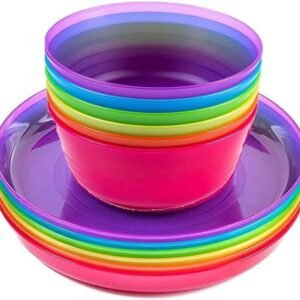 Kids Plastic Dinnerware Set of 12 Multi Color Pieces (Plates and Bowls) - Reusable, BPA-Free, Dishwasher Safe and Microwaveable (Purple, Pink, Orange, Yellow, Green, Blue, 12 Pieces)