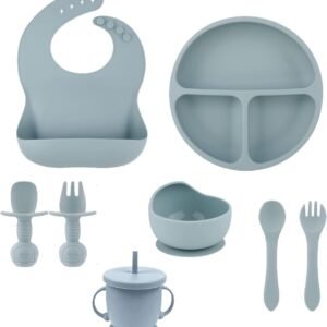 Silicone Baby Feeding Set,BPA Free Silicone Toddler Flatware Set,Baby Led Weaning Supplies Includes Baby Divided Suction Plate,Suction Bowls,Adjustable Bib,Cup with Straw,2 Spoons,2 Forks（Dust Blue