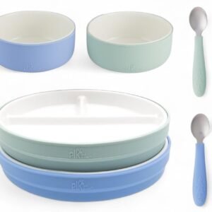 Elk and Friends Kids Porcelain Mealtime Bundle with Normal Sleeves | Plates, Bowls + Toddler Utensils | Silicone Sleeves | for Meals + Snacks | Microwave + Dishwasher Safe