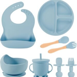 8 Pack Silicone Baby Feeding Set, BPA Free Baby Led Weaning Supplies Includes Divided Suction Plate, Suction Bowls, Adjustable Bibs, Cup with Straw, 2 Spoons, 2 Forks Toddler Eating Set (Blue)