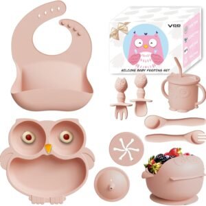 Baby Led Weaning Supplies, Silicone Baby Feeding Set - Bowls and Plates with Suction, Toddler Spoons and Fork, Toddler Cups with Replaceable Lids (Beige)