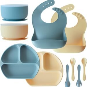 10 PC Baby Essentials Feeding Set, Silicone Suction Plates and Bowls, Bibs, Spoons, Forks, BPA Free, Microwave & Dishwasher Safe, o1baby
