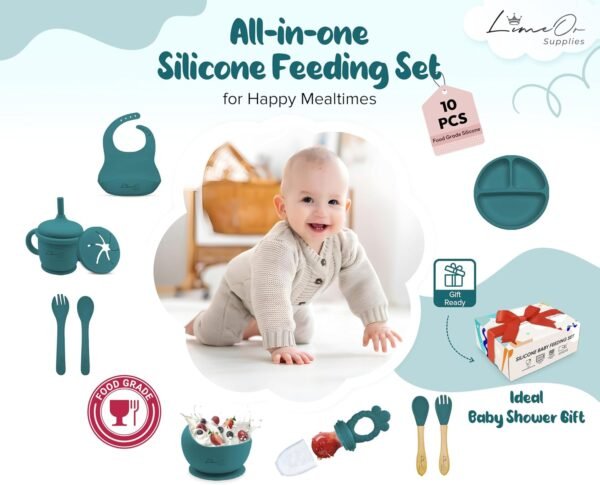10-Piece Silicone Baby Feeding Set | Toddler Plates, Bibs & Utensils - Green 8 71j3SBvUM1L. AC SL1500