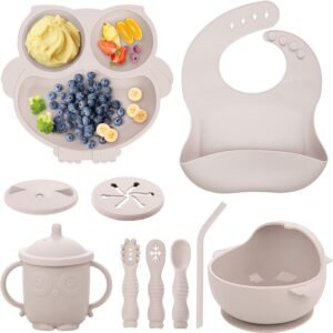 Baby Weaning Set, Silicone Baby Feeding Set(10 Pcs), Toddler Weaning Set with Adjustable Bib, Suction Bowl, Plate, Fork, Spoon, Water & Snack Cup Kit for Babies, Toddler and Kids(Beige)