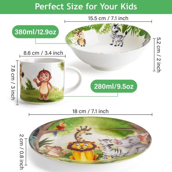 MIAMIO 3-Piece Kids Dinnerware Set – Jungle Porcelain Plates, Bowl & Cup 1 71vjDjydoqL. AC SL1500