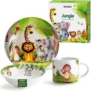 MIAMIO – Set of 3 Kids Dinnerware Set/Porcelain Children Dishes, Kids Dish Set, Children’s Tableware Set - Includes Plate, Bowl and Cup – for Toddler (Jungle)