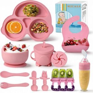 Silicone Baby Feeding Set,Miicasa Baby Led Weaning Supplies Kit With Suction Bowl & Car Plate, Bib, Spoon, Fork, Cup - Food-Grade Silicone, Dishwasher-Safe, No BPAs - For 3+ Months